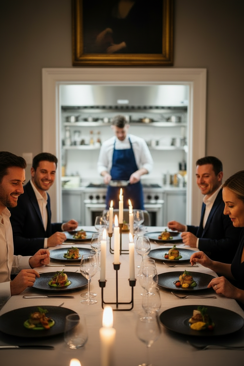 People dining at a formal dinner table with lit candles, in a restaurant kitchen visible in the background, chefs preparing food, and a painting hanging on the wall.