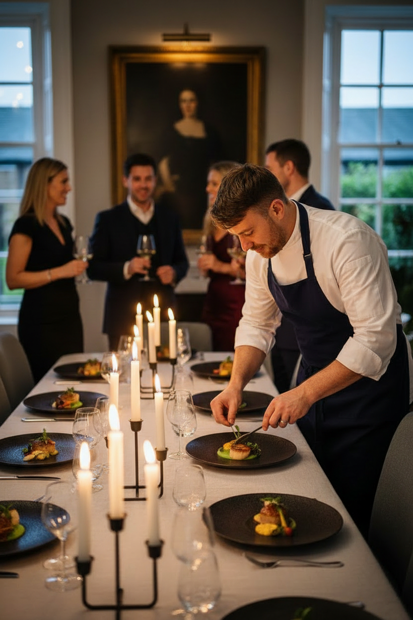 A chef carefully prepares food on a black plate at a formal dinner table, with several guests in the background wearing suits and dresses, engaging in conversation, in a warmly lit room with large windows and a portrait painting on the wall.