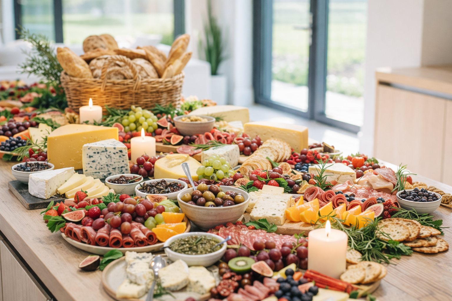 A festive cheese and charcuterie spread on a table, featuring various cheeses, fruits, nuts, cured meats, bread, and candles, with a bright room and large windows in the background.