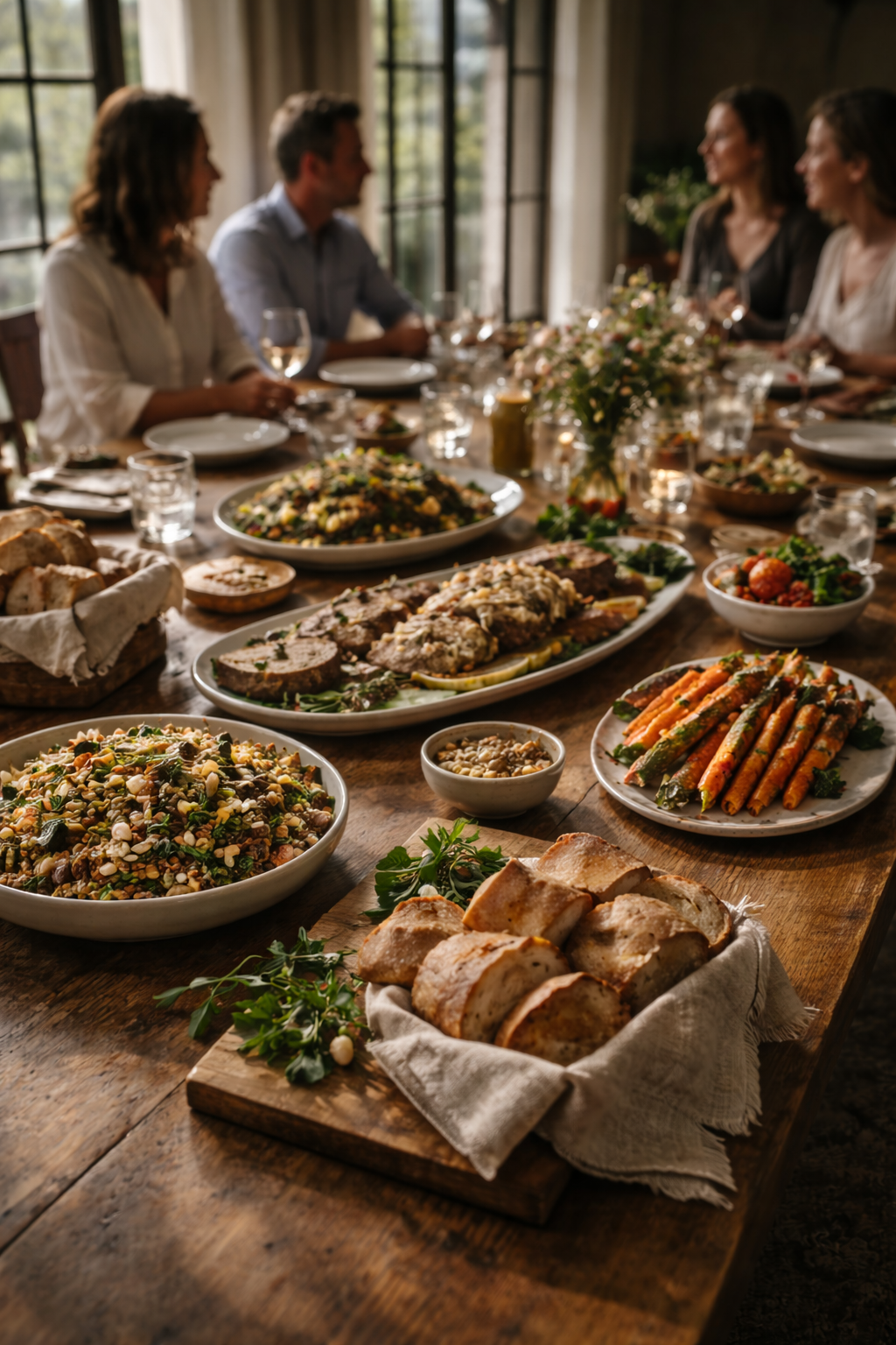 A family gathered around a dinner table filled with salads, bread, roasted vegetables, and various dishes in a well-lit room with large windows and curtains.