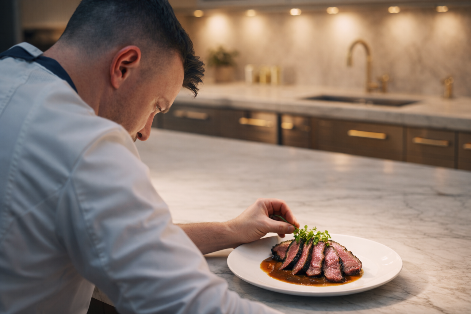A chef in a white uniform garnishing a plate of sliced medium-rare steak with green herbs in a modern kitchen.