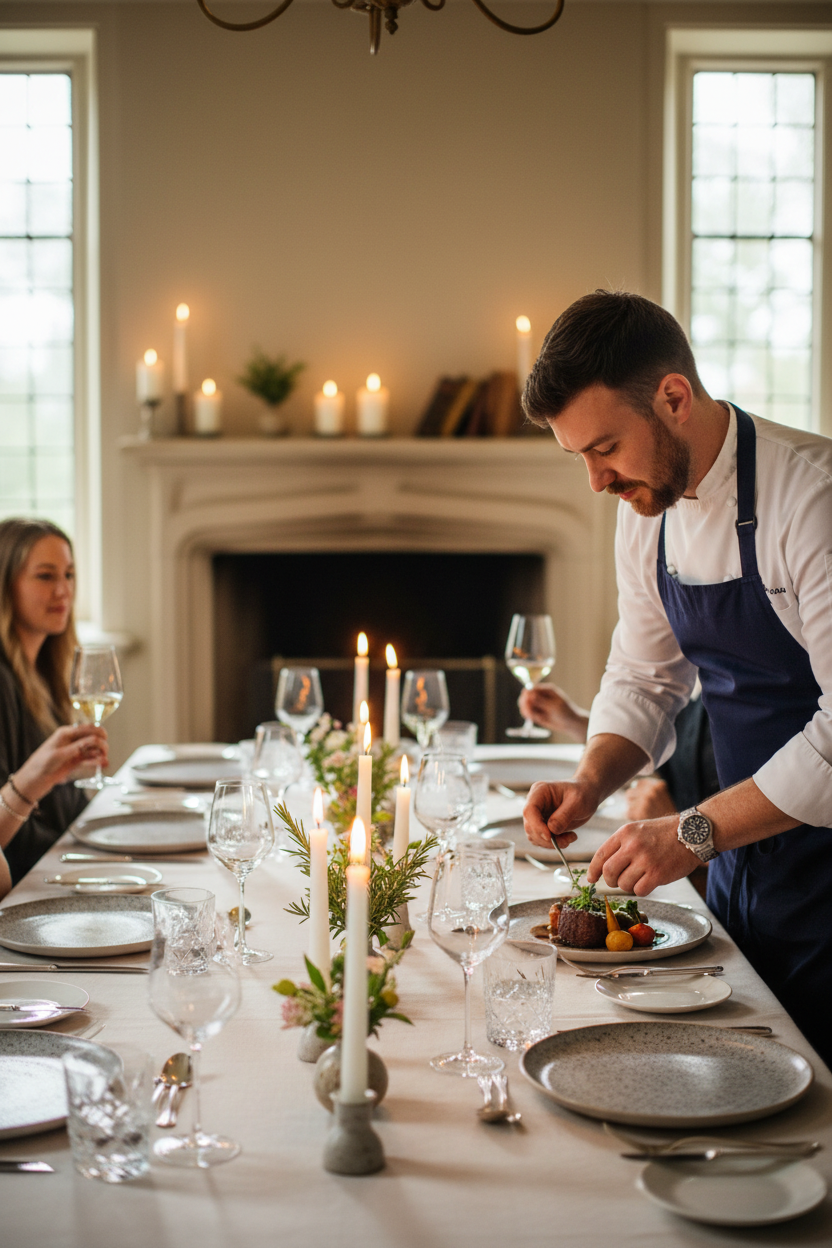 Private Chef in Scotland finishing plate by the table for a tasting menu