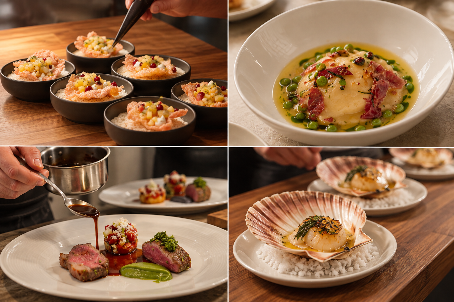 Four images of gourmet fine dining dishes. Top left: Chef plating small appetizers in black bowls with a yellow, red, and white topping. Top right: Bowl of creamy white food garnished with green peas, herbs, and cured meat slices. Bottom left: Chef pouring sauce over a plate with sliced meat, vegetables, and a small tart topped with diced vegetables. Bottom right: Seared scallop on a shell, garnished with herbs and spices, served on salted ice.