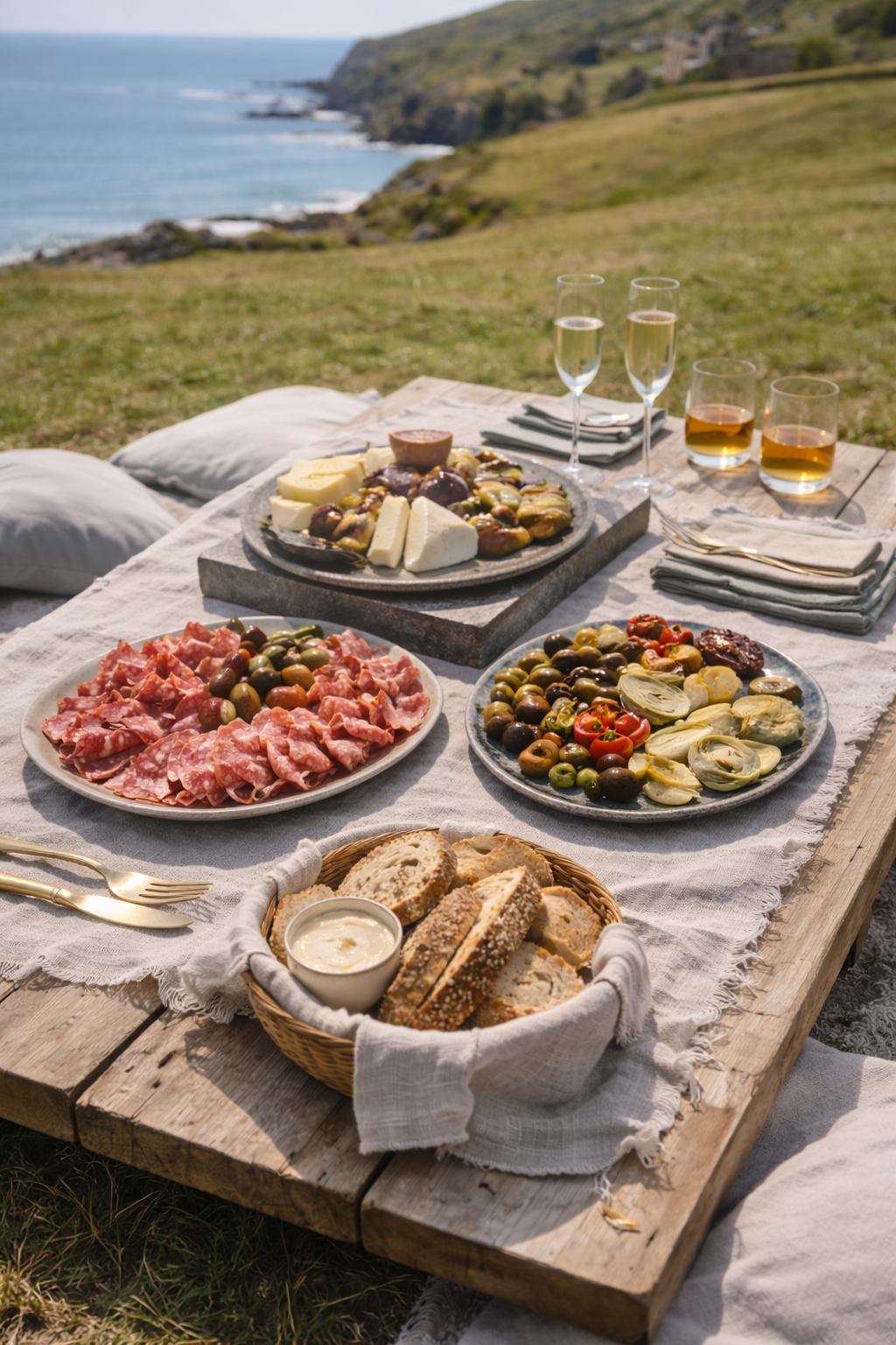 A picnic table laid out with cheeses, meats, olives, bread, and drinks, set outdoors by the ocean with green hills in the background.