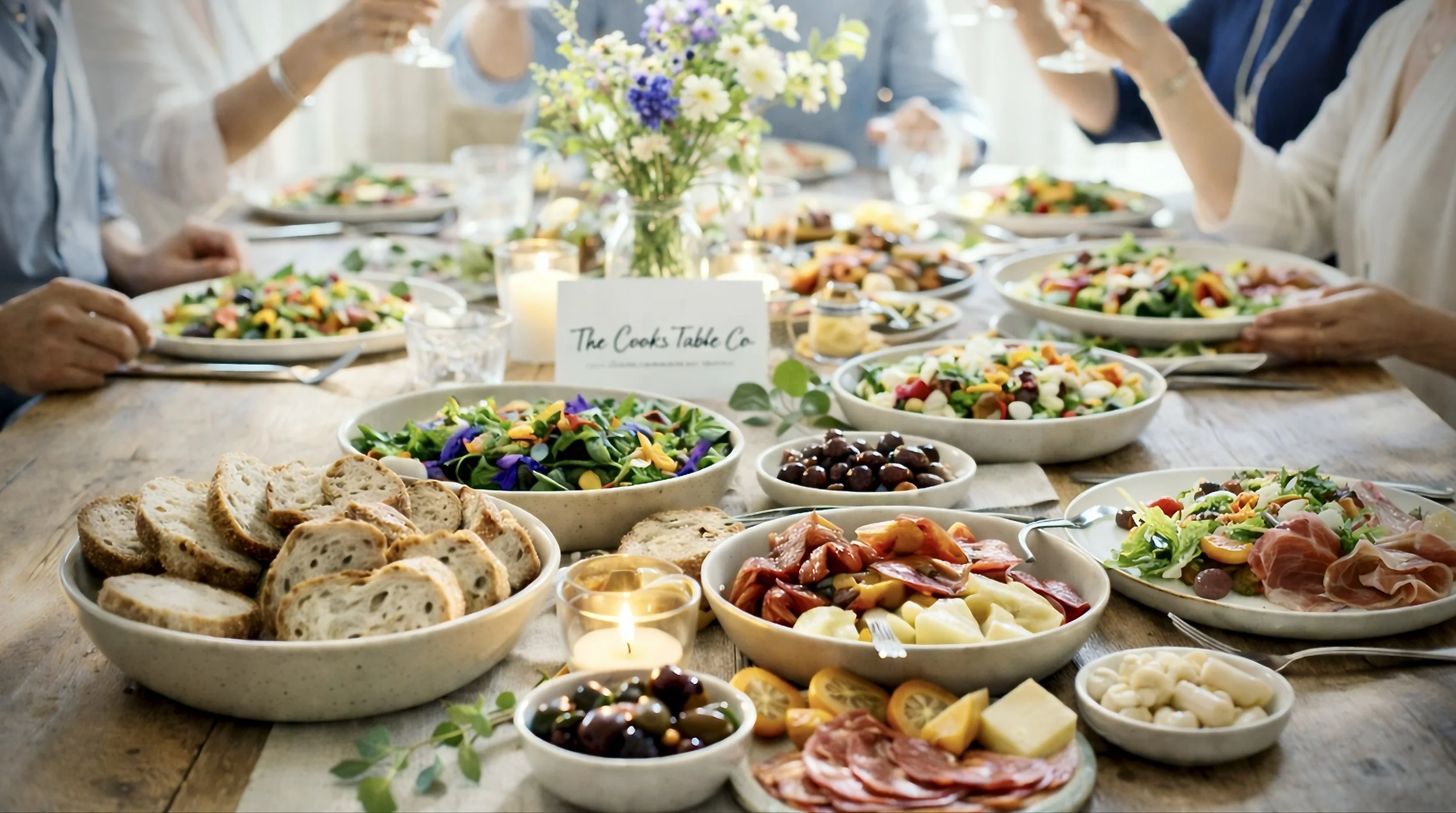 A table set for a meal with various dishes including sliced bread, salads, and appetizers, with a floral centerpiece and people dining.