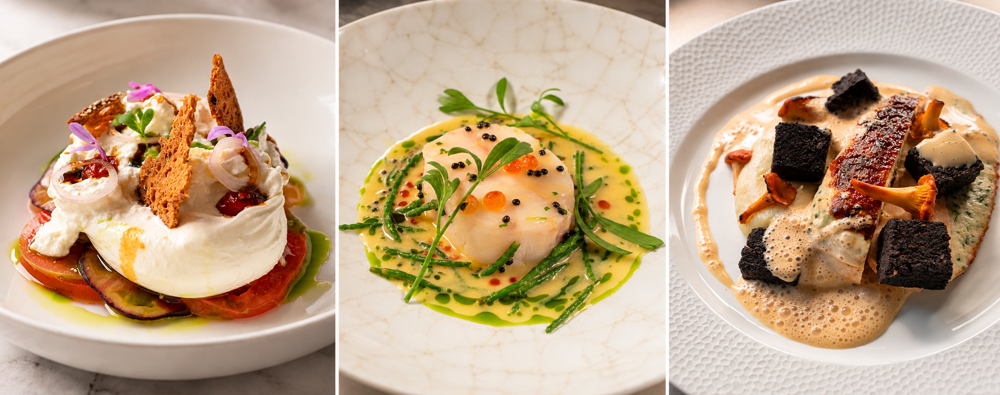 Triptych of three gourmet dishes: Left features a tomato and mozzarella salad topped with herbs, crackers, and edible flowers; Middle shows a poached egg on a bed of greens with black peppercorns and sauce; Right displays a creamy dish with charred meat, garnished with vegetables and black squares.