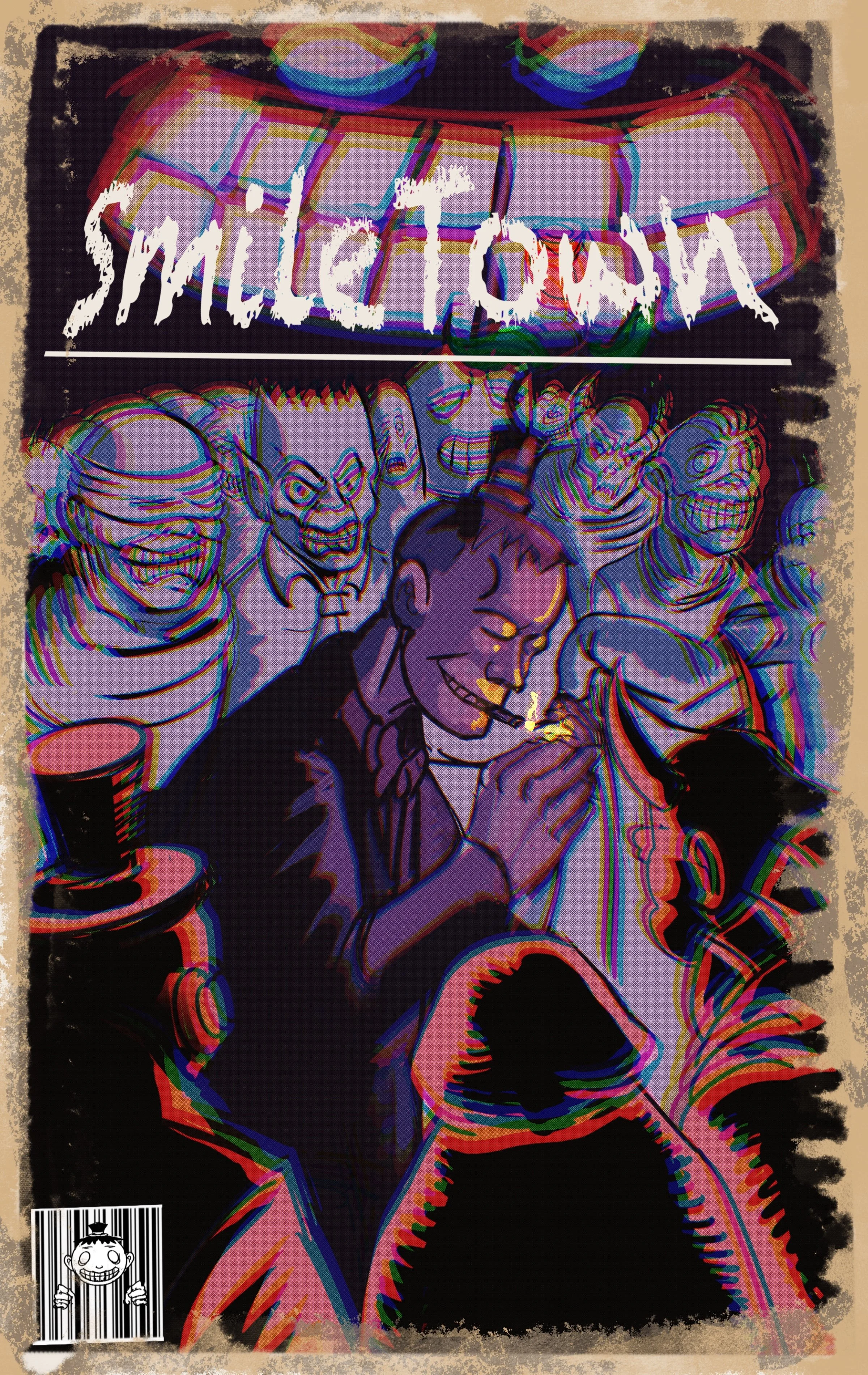 A colorful, stylized illustration of a young man smoking a cigarette, surrounded by ominous, grinning faces in a chaotic scene. The top of the image has the title 'SMELLS TOWN' in large, jagged letters.
