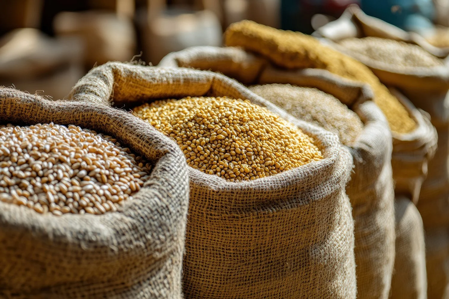 Sacks of yellow and brown grains, likely corn, displayed in a market or storage area.