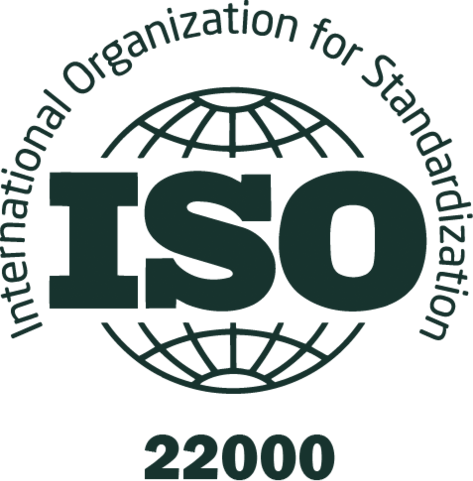 Logo of the International Organization for Standardization (ISO) with the number 22000, featuring a globe and the organization name around it.