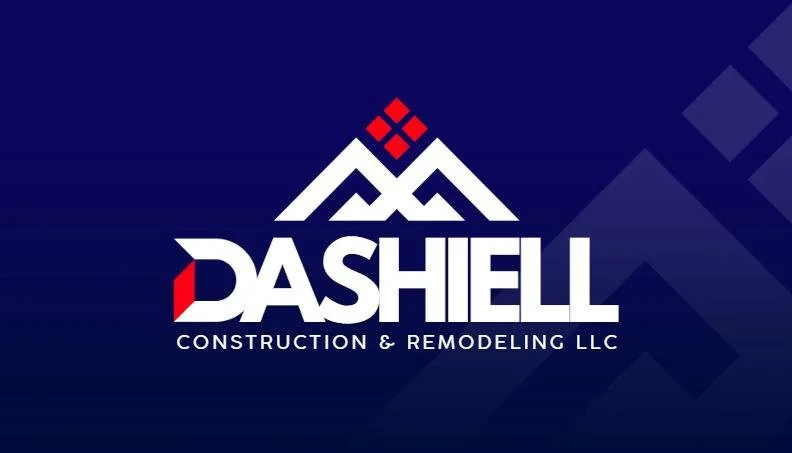 Logotipo de Dashiell Construction & Remodeling LLC con icono de montañas y un símbolo rojo en la parte superior