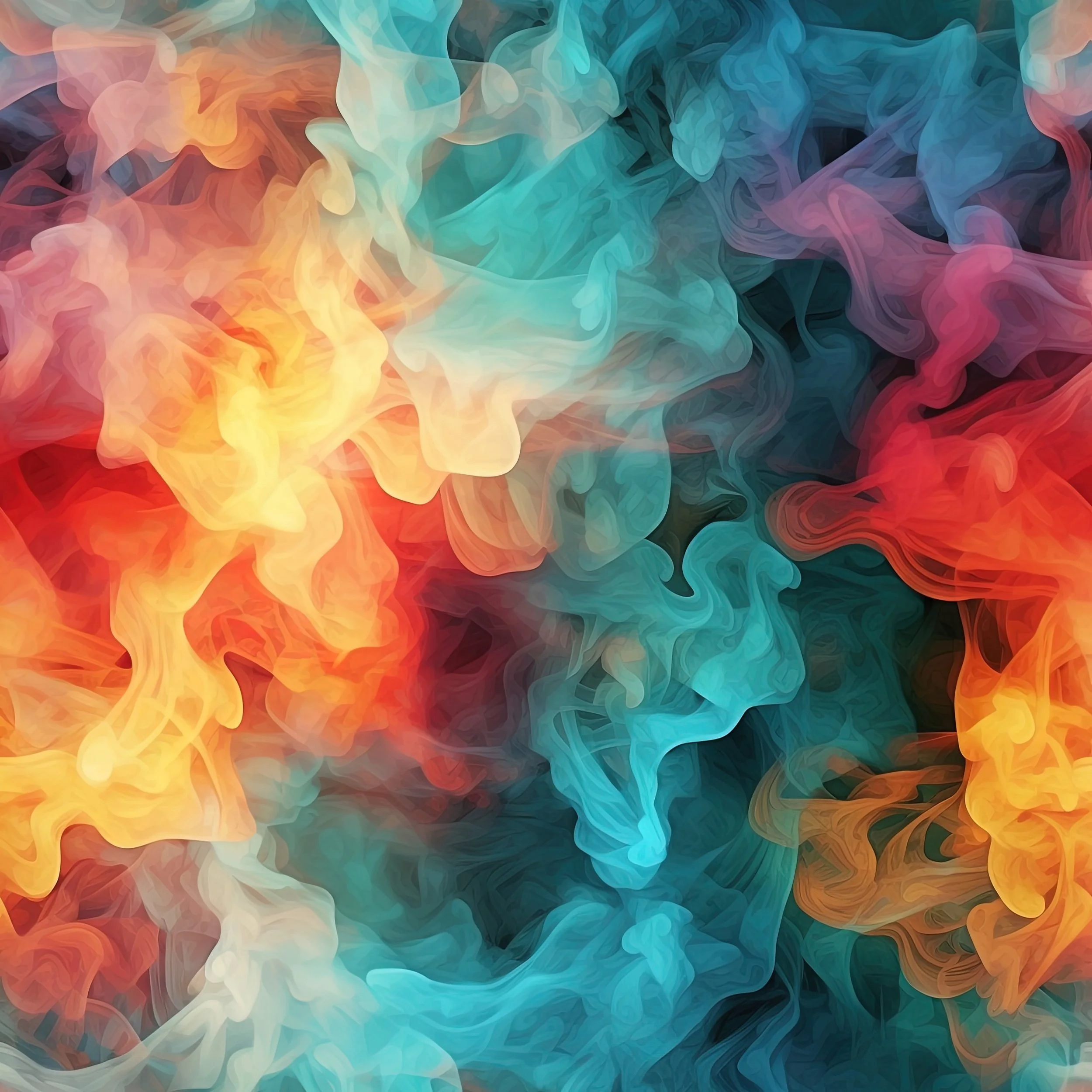 Colorful swirling abstract smoke or ink in water with shades of blue, orange, red, yellow, and purple.
