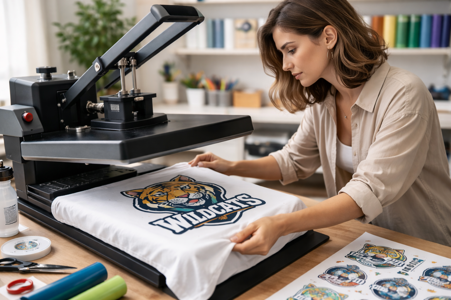 A woman is using a heat press machine to transfer a colorful tiger logo with the word 'Wildcats' onto a white T-shirt in a craft room.