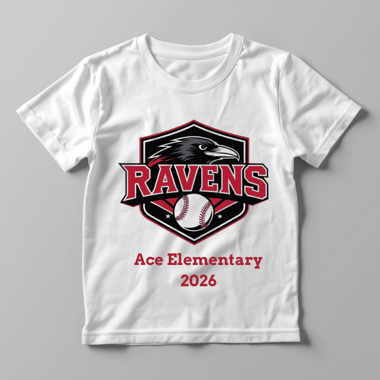 White T-shirt with a Ravens baseball team logo and text that reads "Ace Elementary 2026".