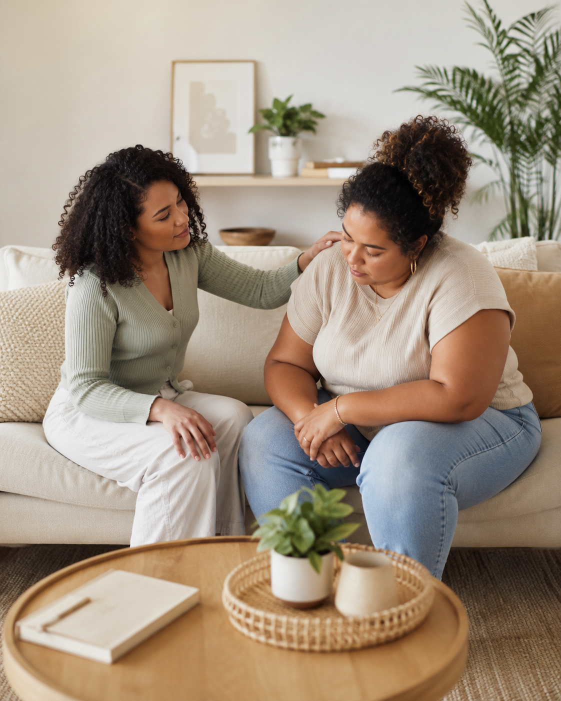 Two women sitting on a beige sofa in a living room, engaging in a comforting conversation. One woman is gently touching the other's shoulder, showing support.