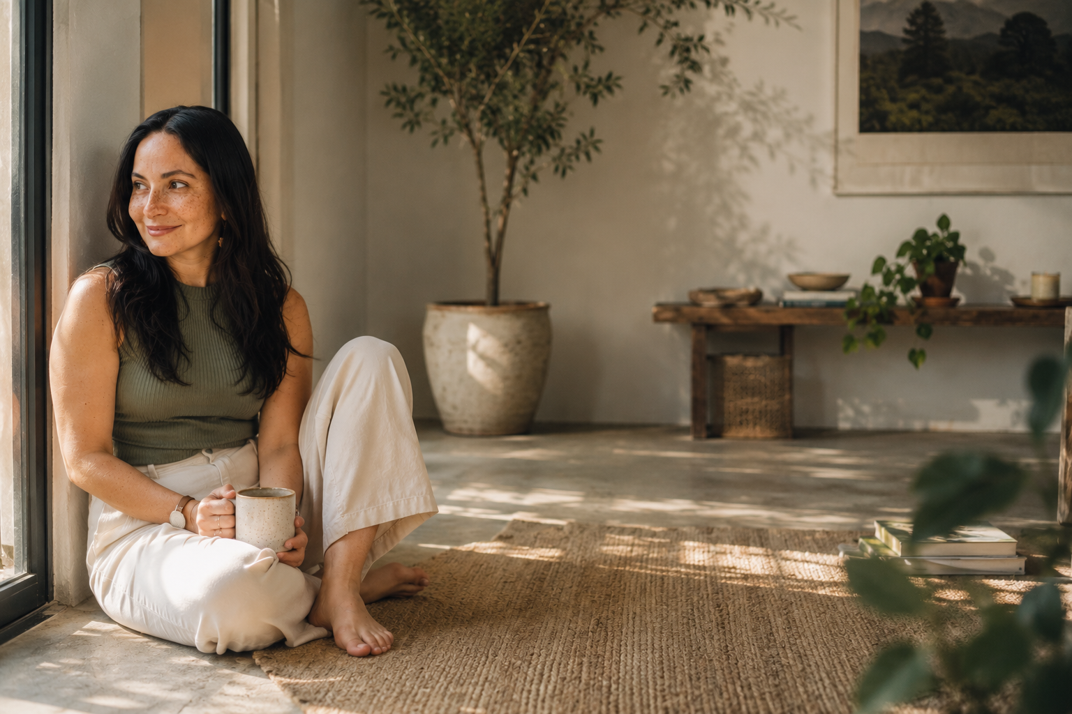 A woman sits on the floor by a large window, holding a mug, with sunlight streaming in. The room has minimalist decor, including potted plants, a wooden bench, and framed artwork on the wall.