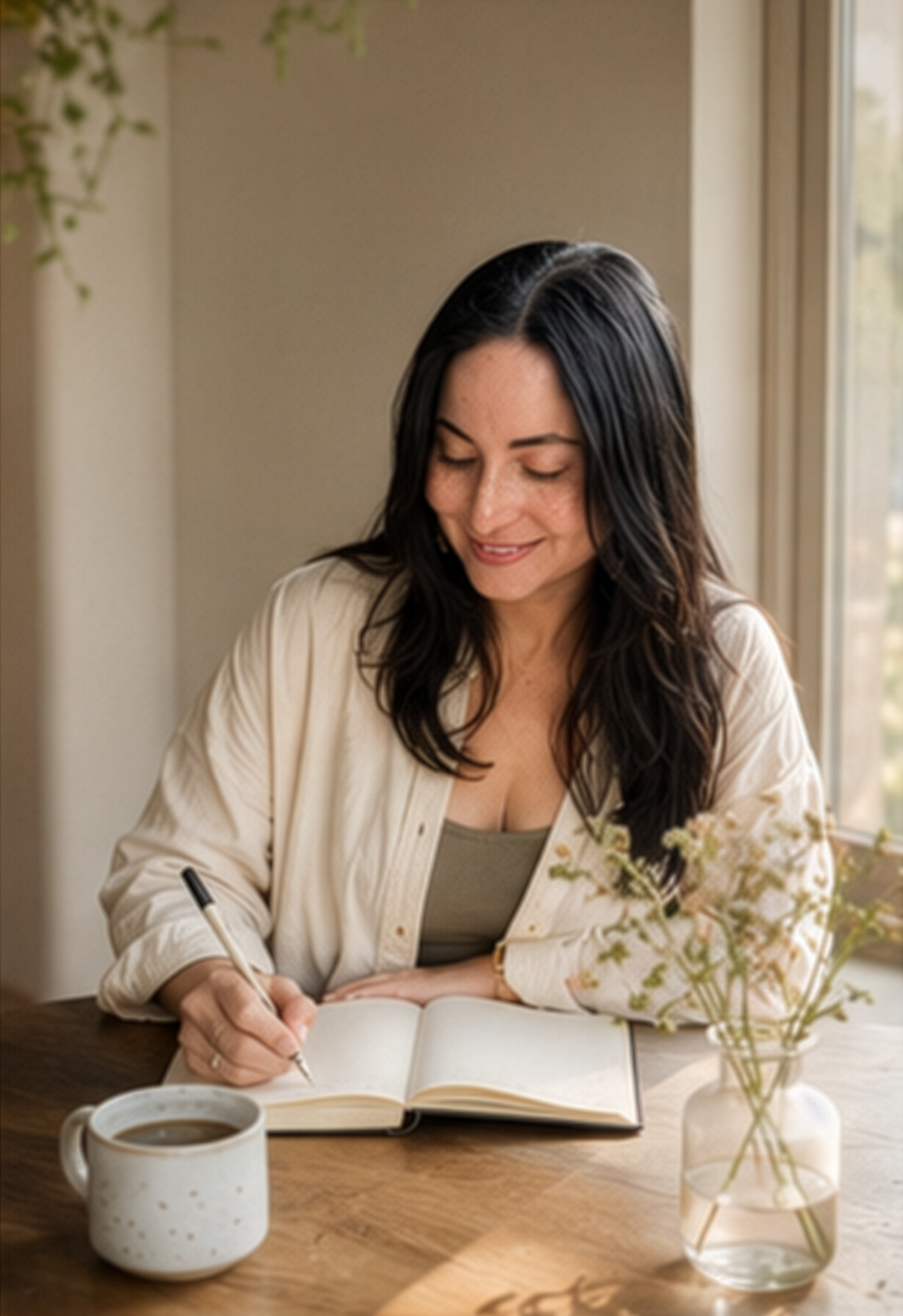 A woman with long dark hair writing in a notebook at a wooden table, with a cup of coffee and a vase of flowers nearby, near a window.