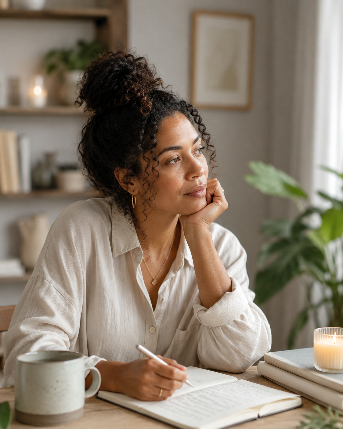A woman sitting at a table with a notebook, pen, mug, and candle, looking thoughtful, in a cozy room with plants and shelves.