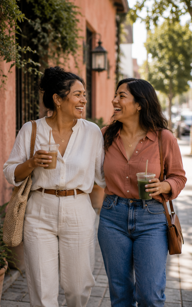 Two women walking on a city sidewalk, smiling and talking, each holding a drink, with trees and buildings in the background.