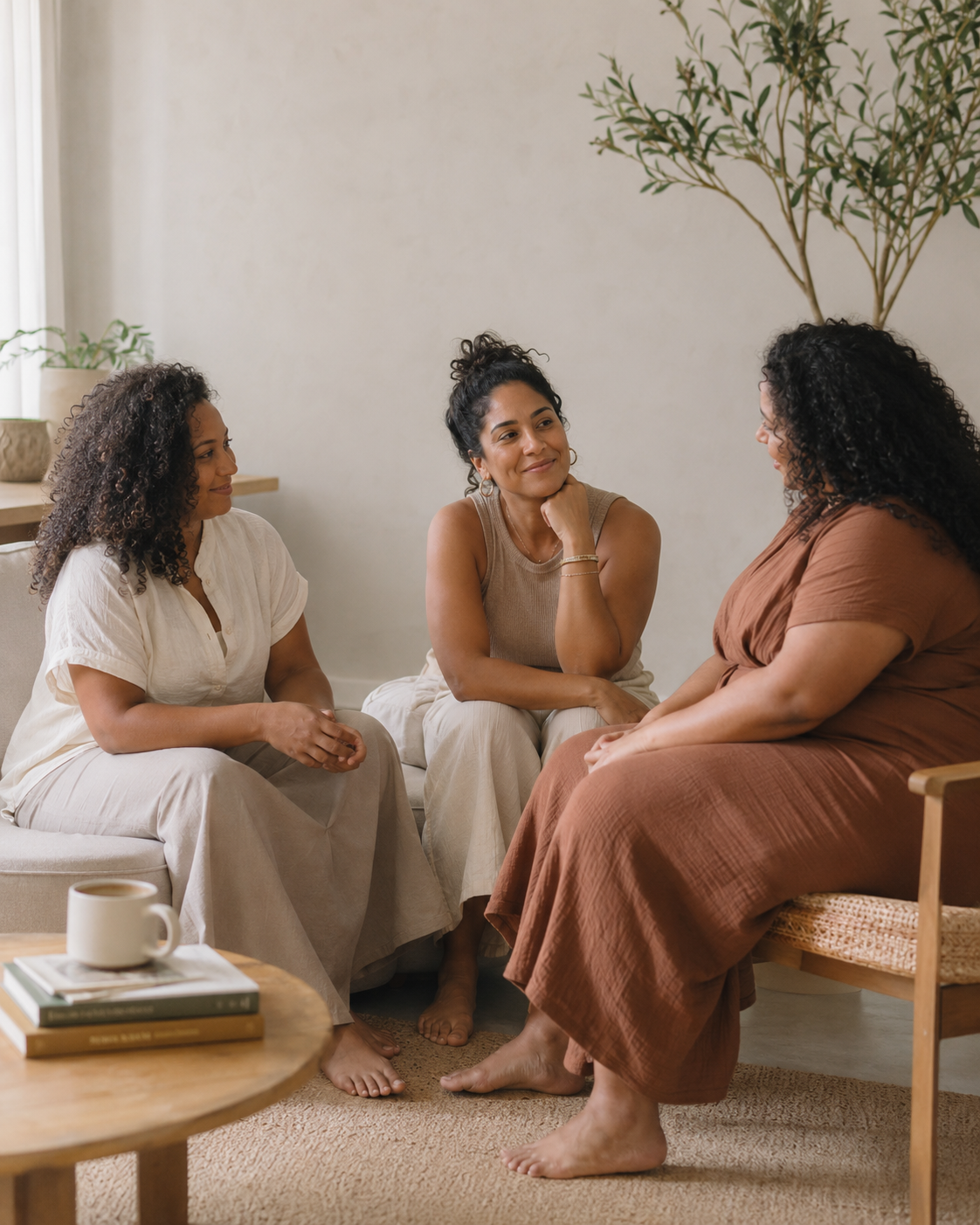 Three women sitting on a couch and talking in a cozy, well-lit living room with a plant in the background.