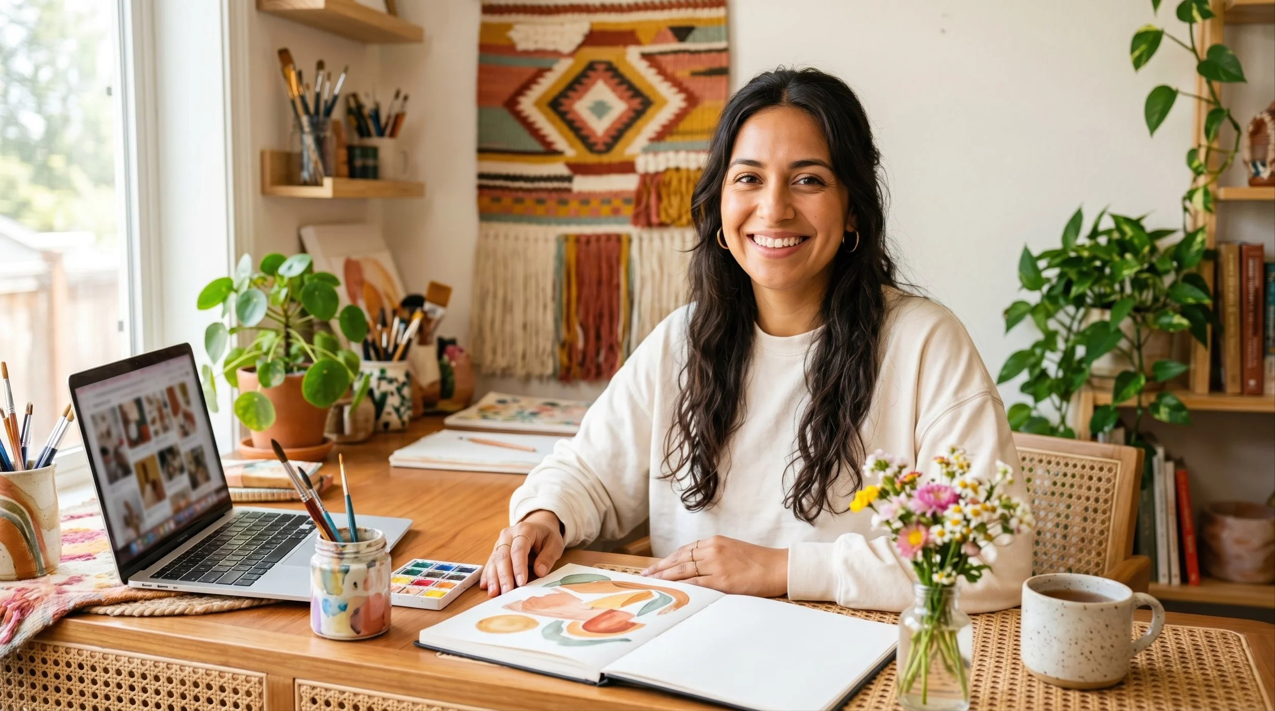 A woman with long dark hair and hoop earrings smiling while seated at a wooden desk in a well-lit room. She is surrounded by art supplies, flowers, potted plants, and a colorful woven wall hanging. There is a laptop open in front of her and watercolor paintings on her sketchbook.