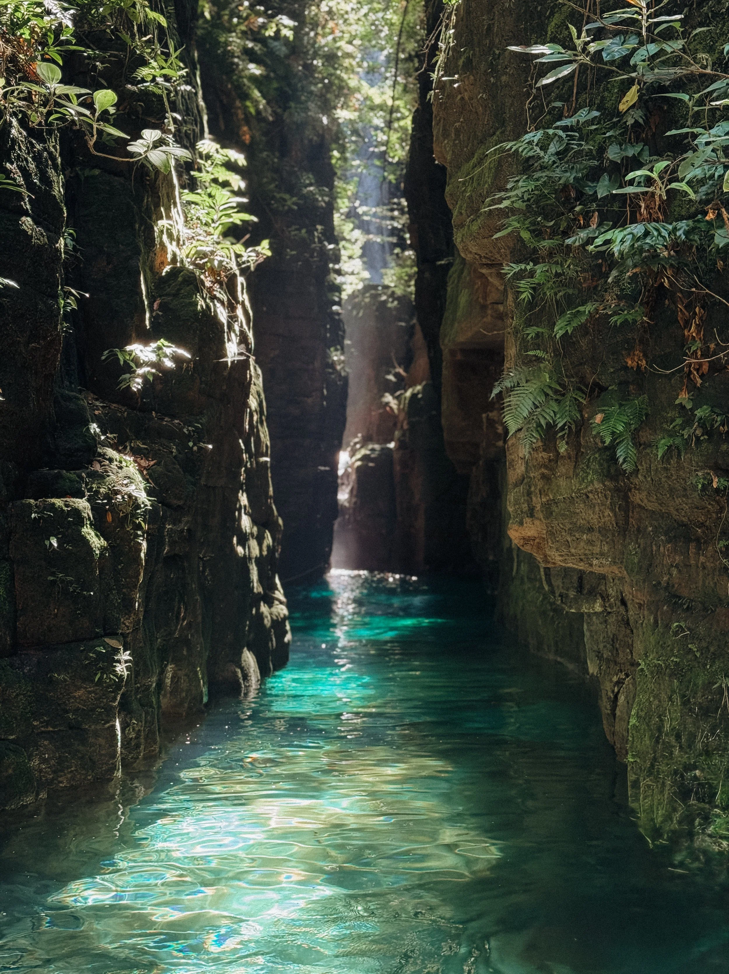 Cânion com paredes de rochas e vegetação, com água cristalina no fundo, filtrada pela luz que entra entre as rochas.