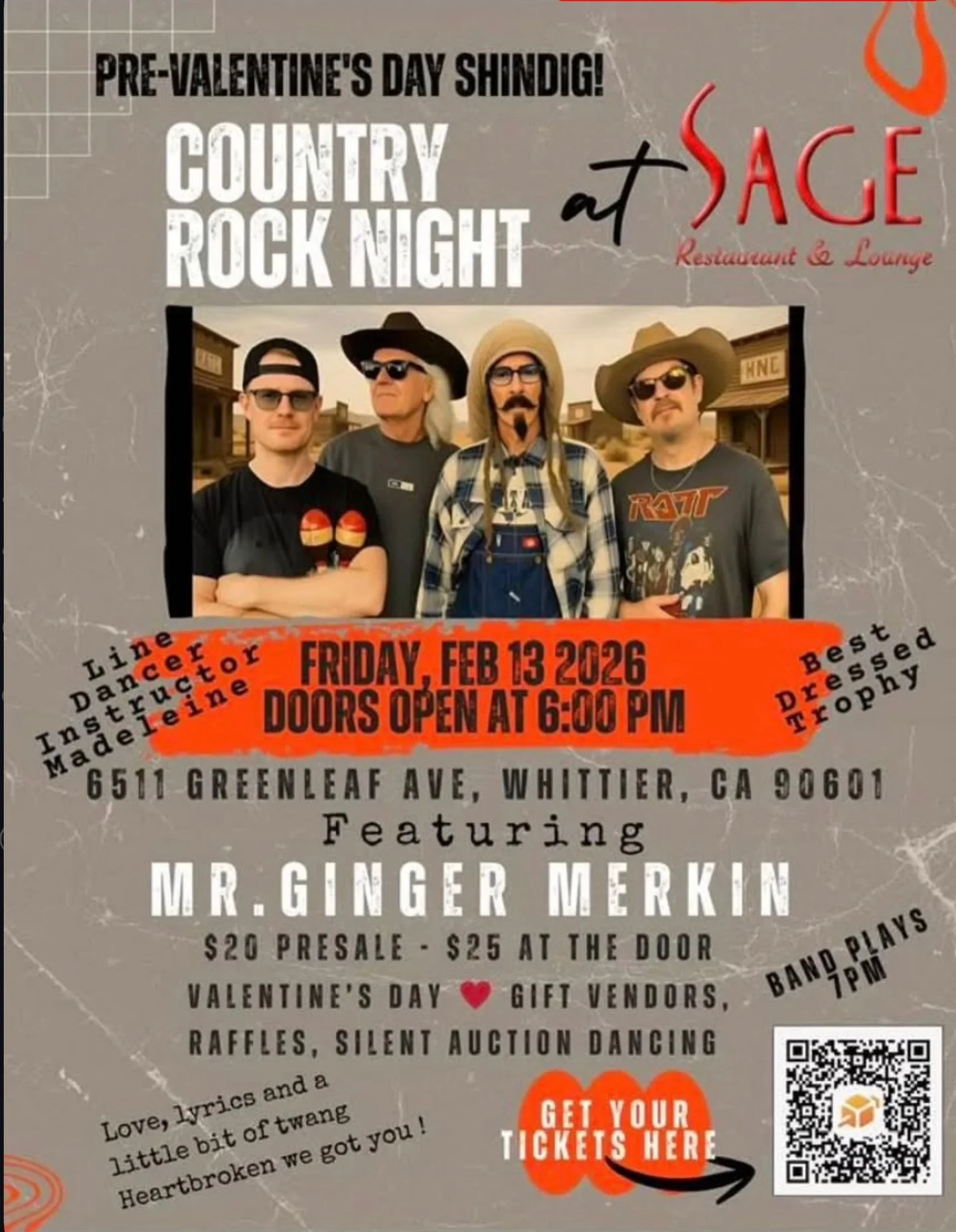 Come out Friday the 13th to SAGE in Whittier for country line dancing and &hellip; MR GINGER MERKIN! #sagewhittier  @sagewhittier #heavyhonkytonk #kingsofheavyhonkytonk #wildwesternmusic #rodeorock