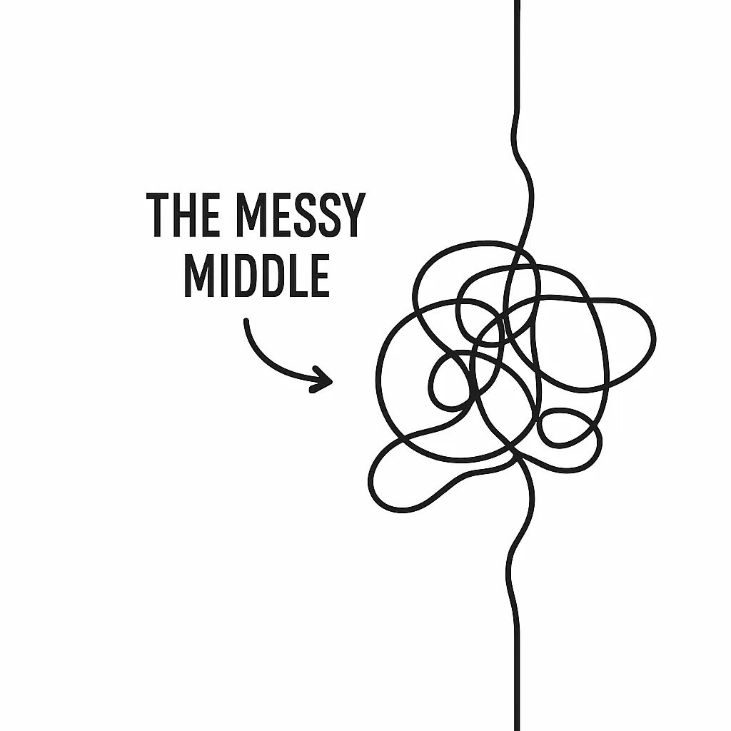 Dr. Kayden's Messy Middle Model showing learning doesn't progress linearly--there's a messy chaotic middle before breakthrough occurs
