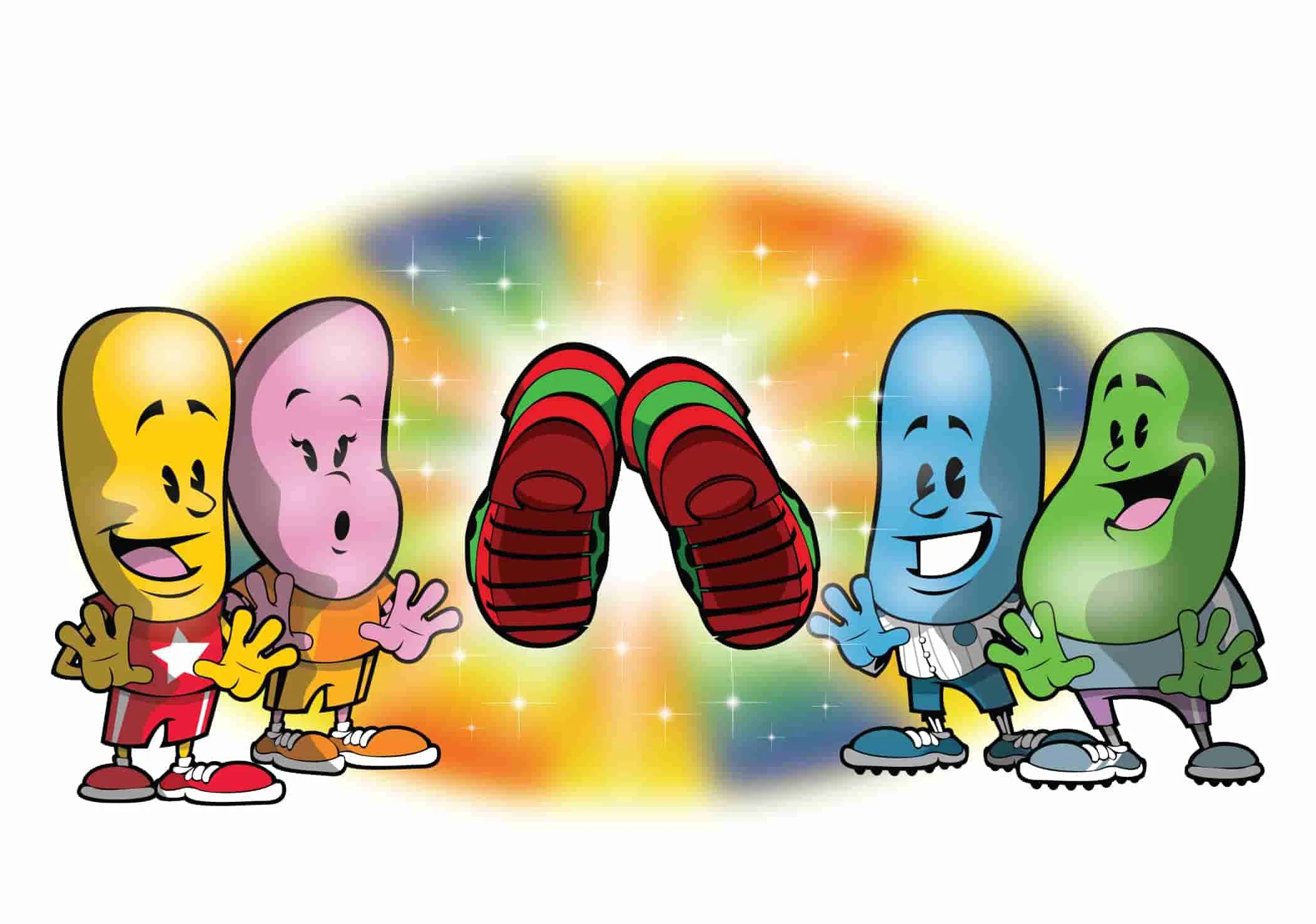 Cartoon characters with colorful heads, representing different emotions, standing on either side of red and green sneakers in a rainbow-colored background.