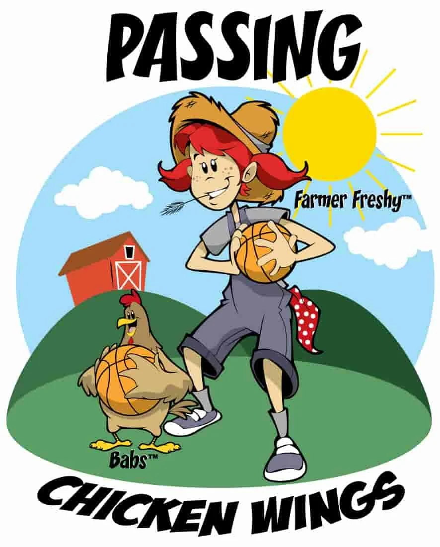 A cartoon girl with red hair, outdoors holding a basketball, wearing a wide-brimmed hat and overalls, with a chicken standing next to her. The background includes a bright sun, blue sky, some clouds, a red barn, and green hills. The text reads 'Passing Chicken Wings' and 'Farmer Freshy' with a trademark symbol, and the chicken has a basketball with the words 'Babs' underneath.