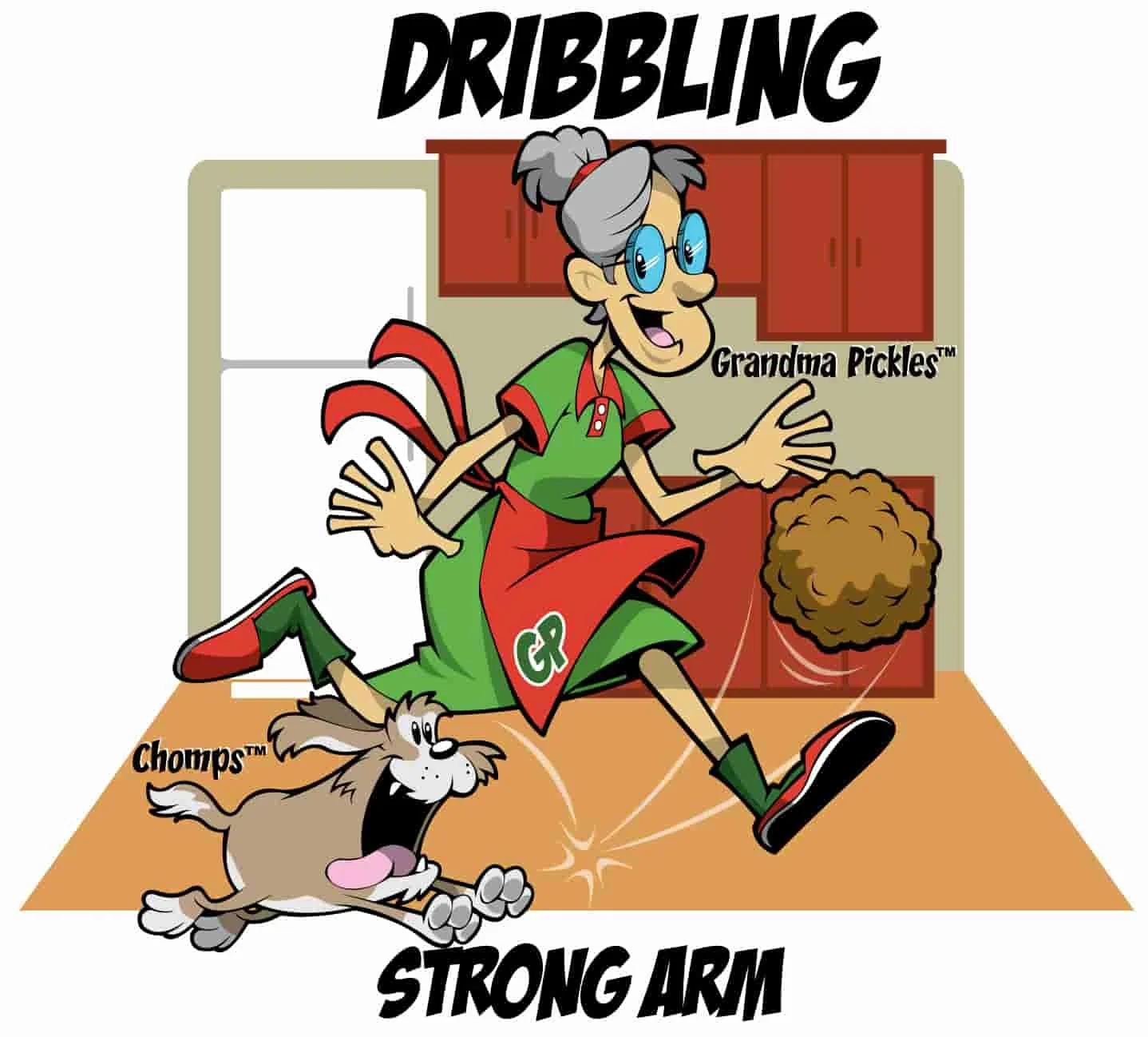 Cartoon of Grandma Pickles and her dog Chomps playing Dribbling Strong Arm game in a kitchen. Grandma Pickles is running, holding a large meatball, with the dog chasing and barking. The game has labels: Dribbling at the top, Strong Arm at the bottom, and Grandma Pickles and Chomps are the characters.