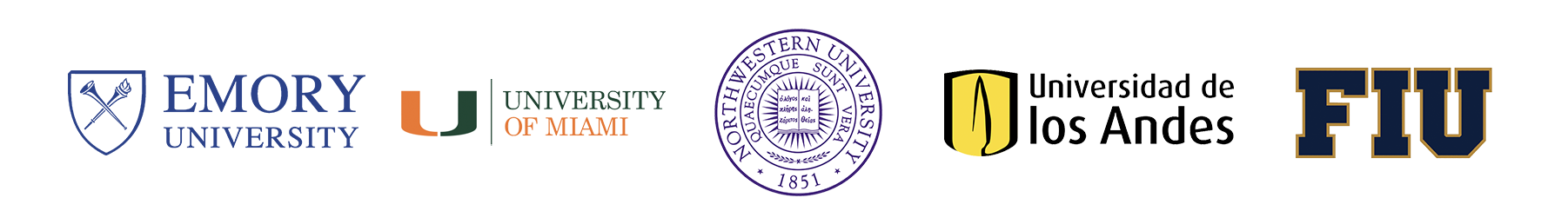 Logos of Emory University, University of Miami, North Western University, Universidad de Los Andes, and FIU.