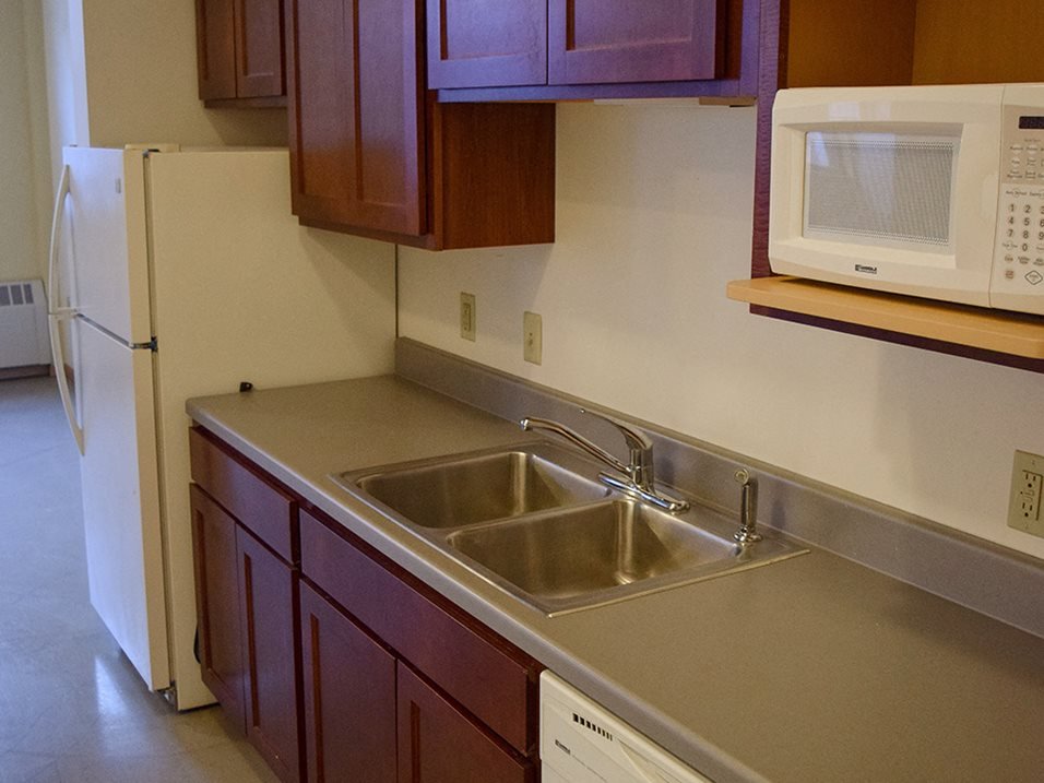 Kitchen with a white refrigerator, wooden cabinets, a double sink, a microwave on a shelf, and electrical outlets along the wall.