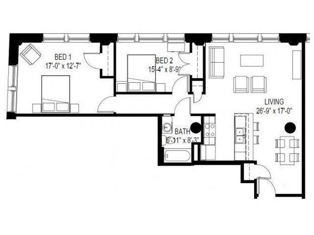 Floor plan of an apartment with two bedrooms, one bathroom, and a living room.