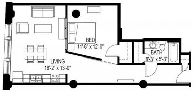 Floor plan of a small apartment with a living room, bedroom, and bathroom.