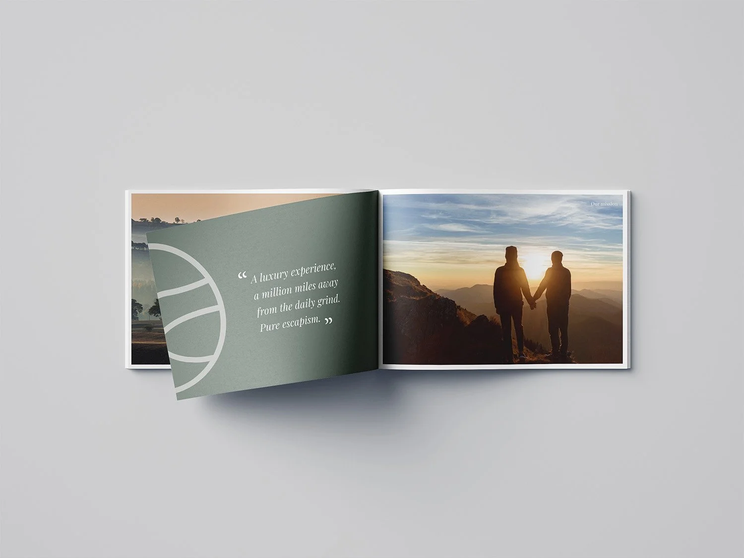 Open travel brochure showing a quote about luxury experience on the left page and a photo of two people holding hands at sunset on the right page.