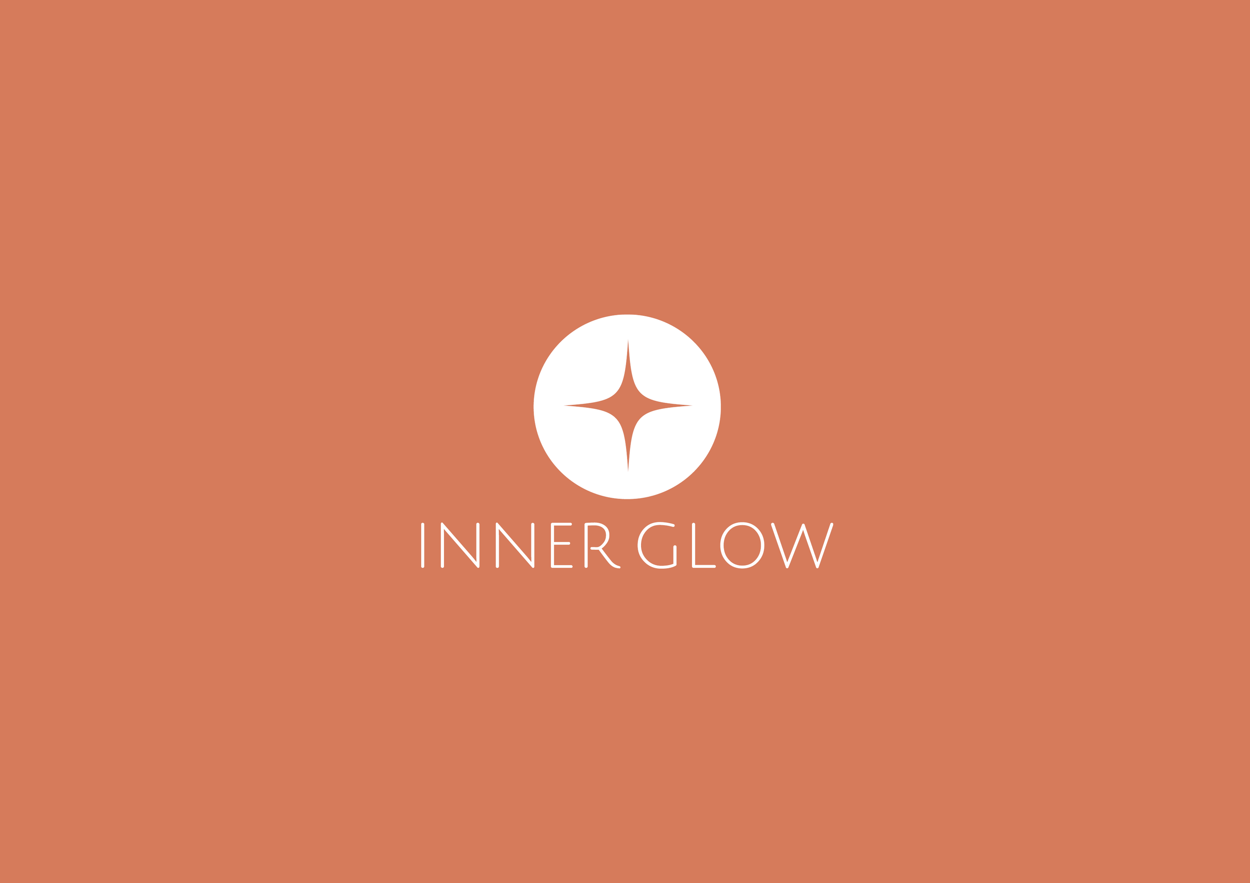 A logo with a white circle containing a brown star-like shape, and the text "INNER GLOW" below it on a warm brown background.