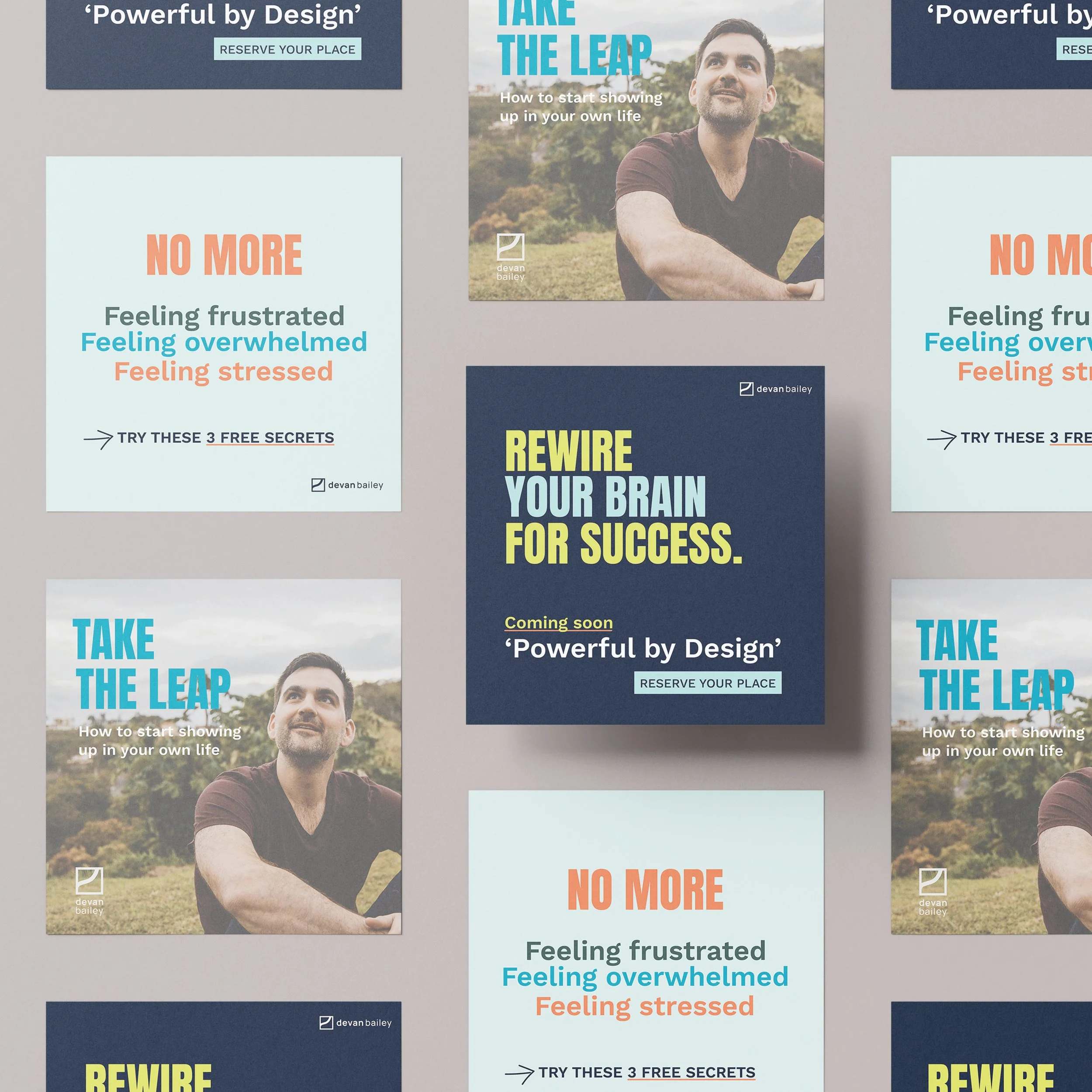 Promotional posters and flyers about mental health and personal development, featuring titles such as 'Rewire Your Brain for Success' and 'Take the Leap.' The flyers include phrases like 'No More Feeling Frustrated, Feeling Overwhelmed, Feeling Stres