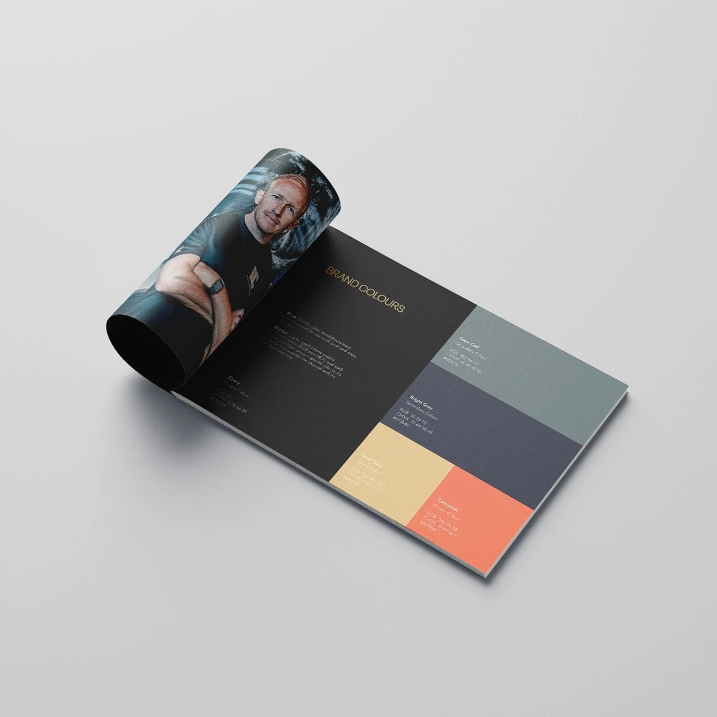 Open magazine showing a person on the left page and color palette with labels on the right page.