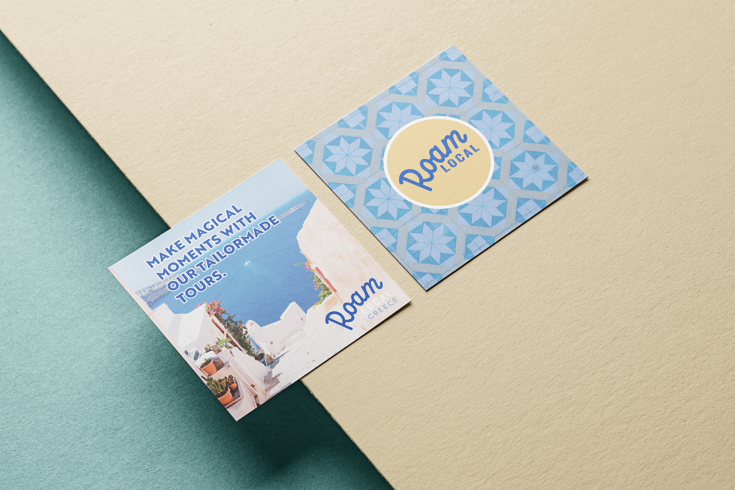 Postcards with travel promotion for Greece, featuring a scenic coastal view and blue themed patterns with the text about making magical moments with tours.