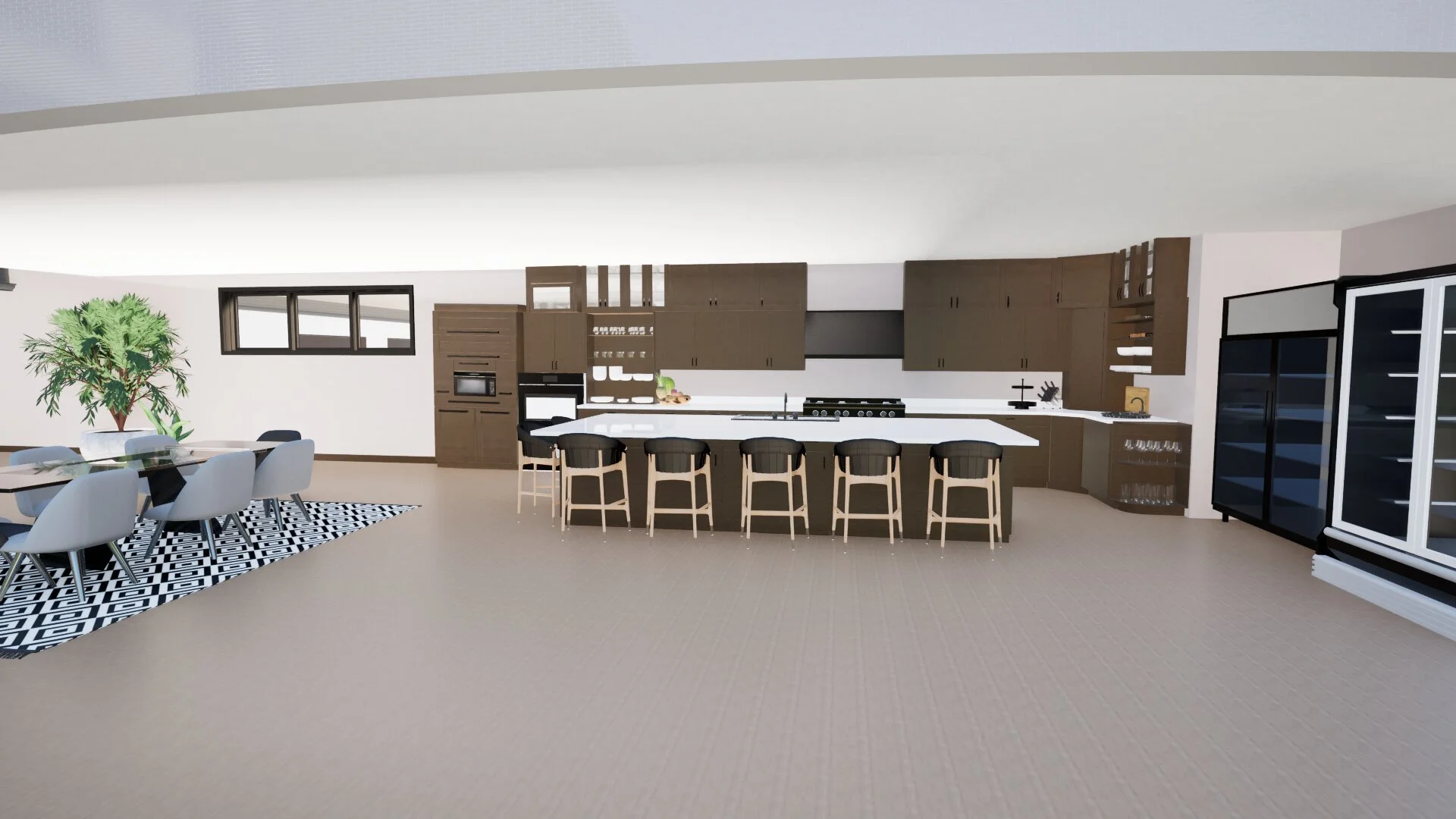 Modern kitchen with brown cabinets, white countertops, black bar stools at an island, and black refrigerators, adjacent to a dining area with white chairs and a black-and-white patterned rug, and a potted plant in the corner.