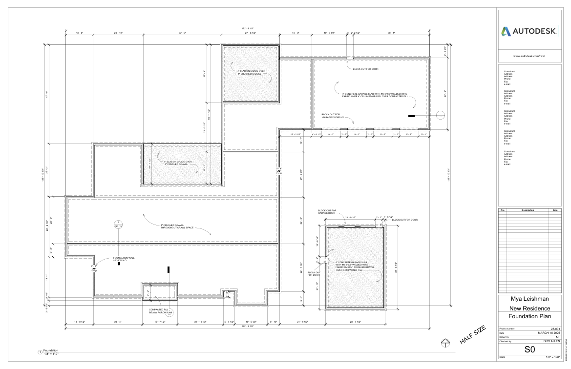 Architectural foundation plan for a new residence showing layout and measurements of a building's foundation, garage area, and surrounding spaces.