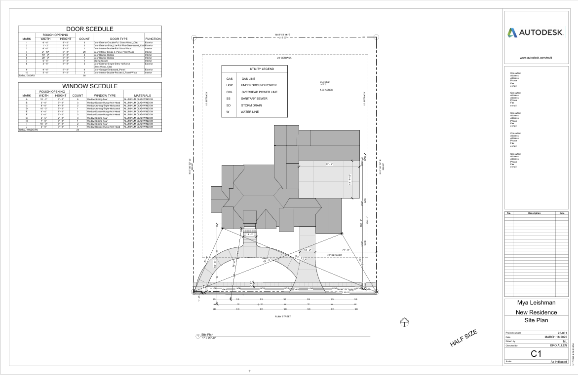 Architectural site plan for a new residence, detailing house layout, window and door schedules, utility legend, and property boundaries.