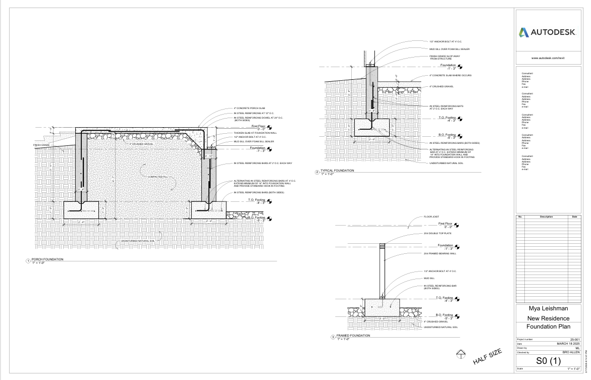Architectural foundation plan for a new residence, showing detailed cross-sections of porch, typical, and framed foundations, with annotations for construction.