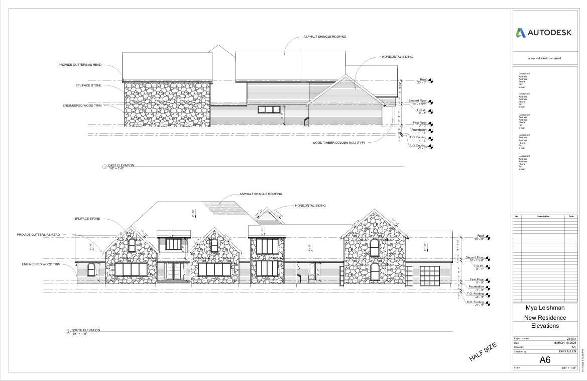 Architectural elevation drawings of a new residential house design, including front and side views with dimensions and material specifications.