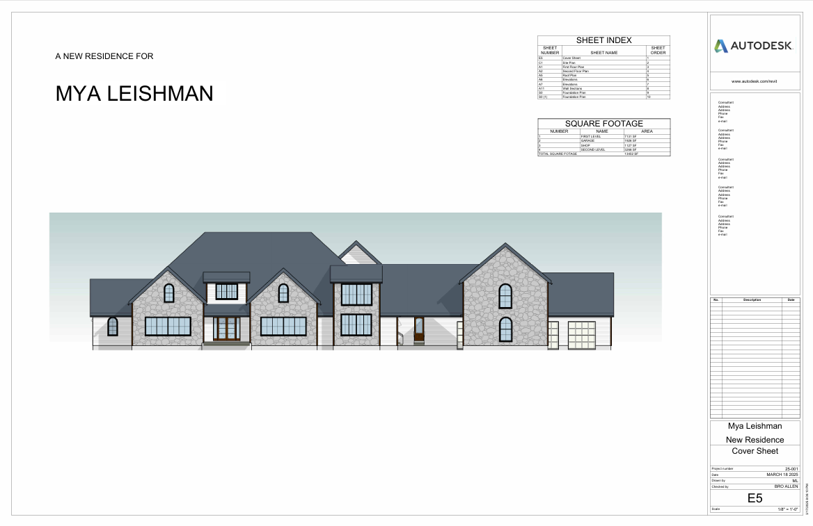 Architectural drawing of a large, modern residential house with stone and siding exterior, multiple gabled roofs, and large windows, labeled as a cover sheet for a new residence for Mya Leishman.