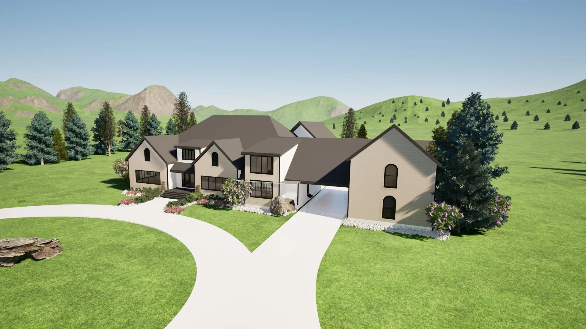 A modern two-story house with multiple gable roofs, large windows, surrounded by a landscaped yard with trees and shrubs, situated in a mountainous rural area.