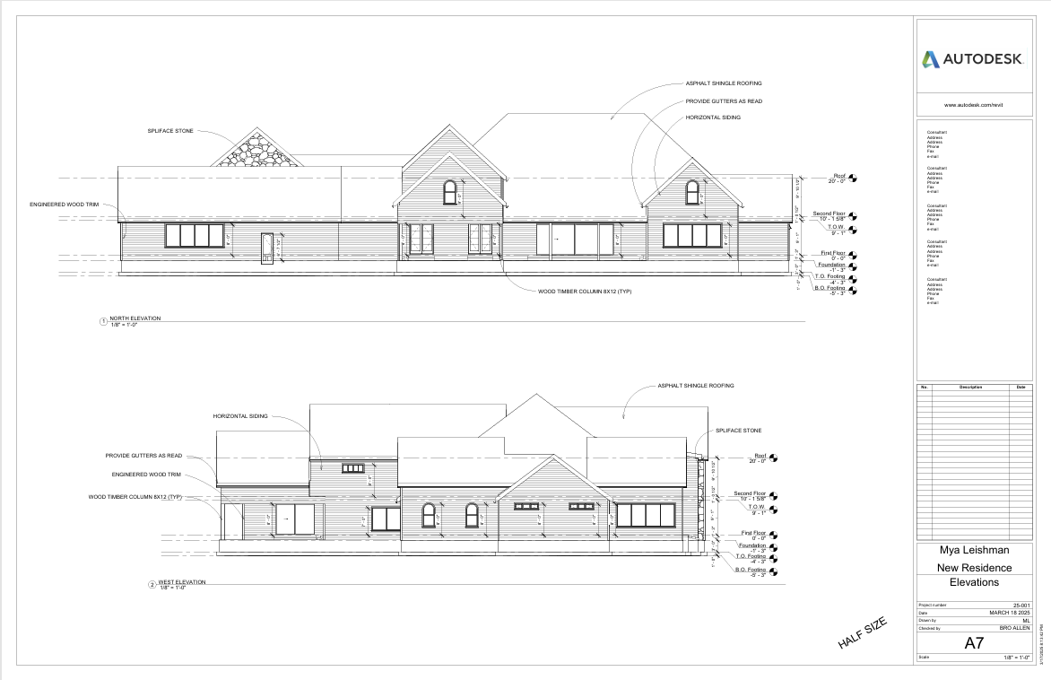 Architectural elevation drawings of a new residential building, showing North and West elevations with details of roofing, siding, windows, doors, and construction notes.