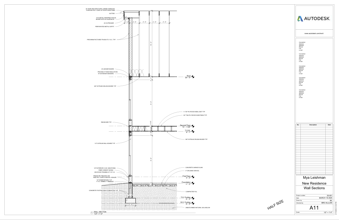 Architectural wall section drawing for a residence, showing floors, wall assemblies, and roof details, with labels and measurements.