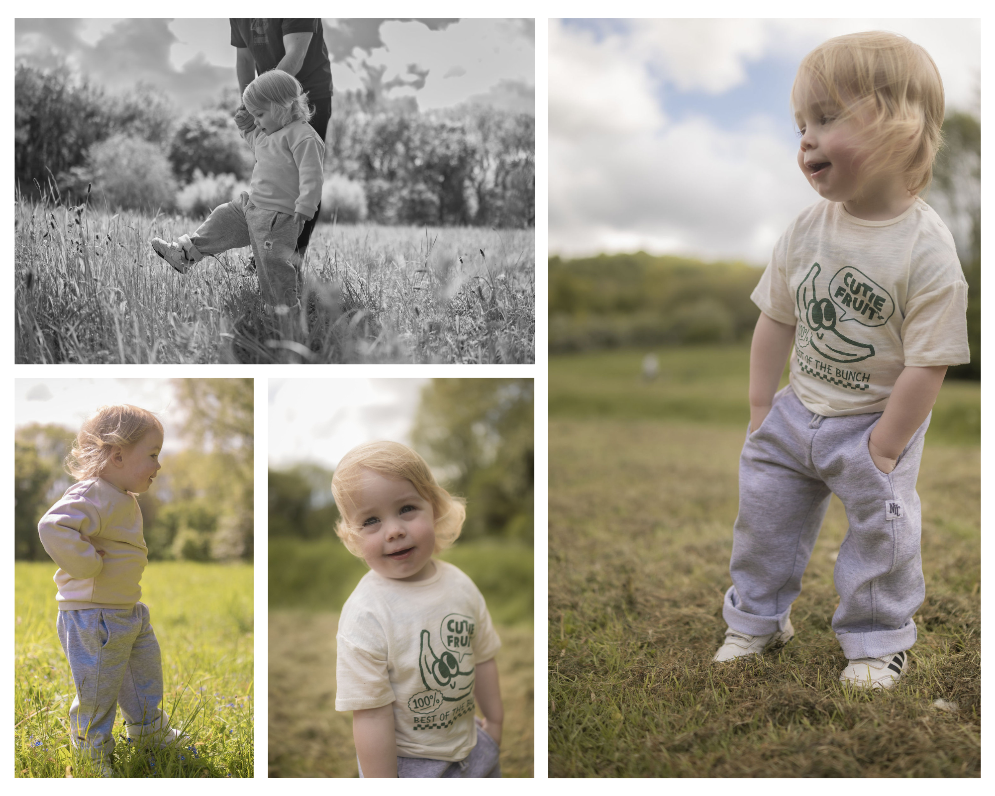 Outdoor portrait collage of a young child playing and posing naturally in a grassy field.