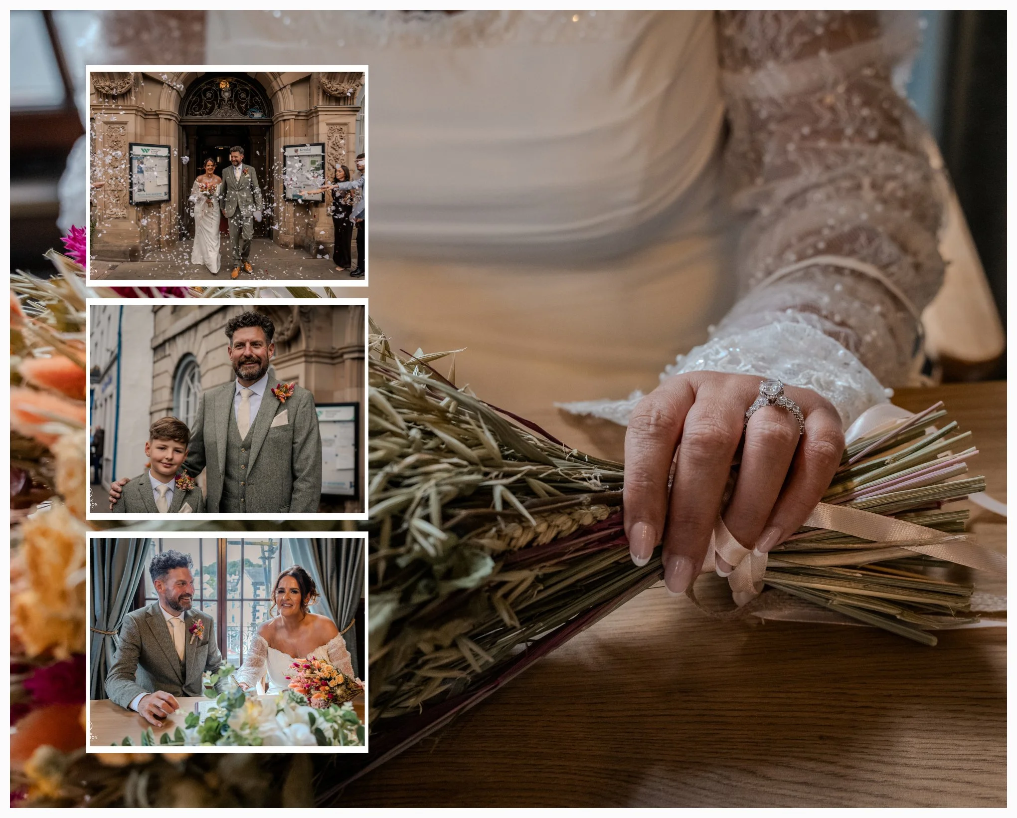 Wedding photography collage featuring a bride’s wedding ring and bouquet, with confetti, family portraits and the newlyweds at Kendal Town Hall.
